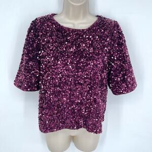 Nanette Lepore NEW Plum Sequin Crop Top Womens Sz L Purple Short Sleeve Lined
